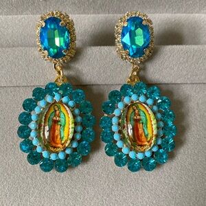 Virgen Mary Rhinestones Oval Drop Earrings